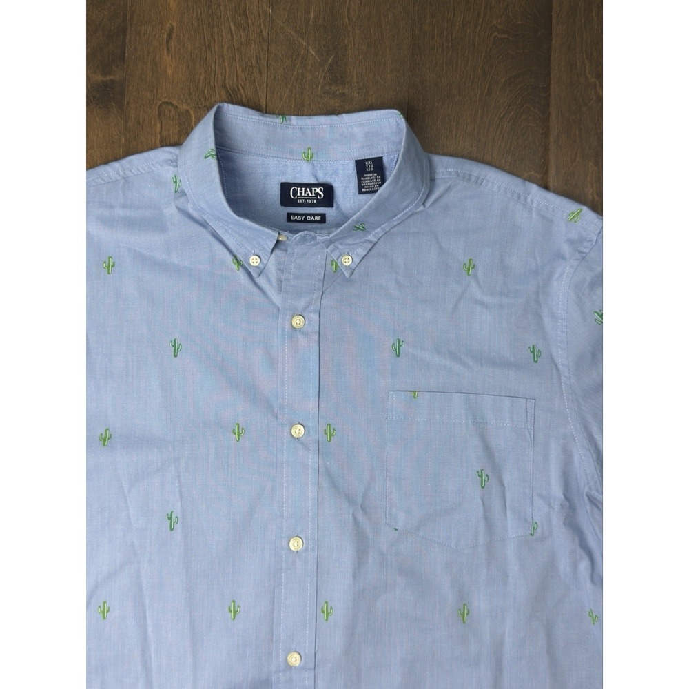 Chaps Easy Care Mens Short Sleeve Size‎ 2XL Button Up Blue Shirt Cactus Logos